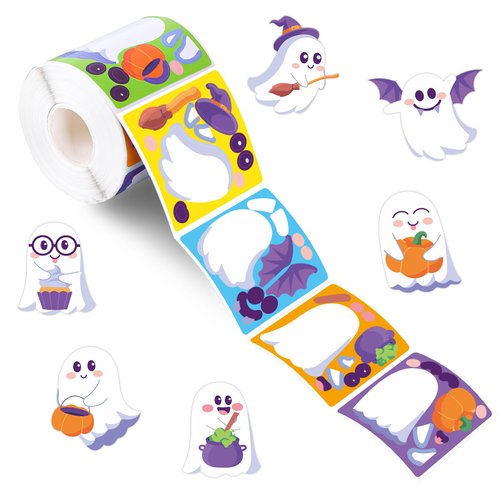 Whaline 300Pcs Halloween Ghost Stickers Scene Roll Make a Face Stickers Trick or Treat Self Adhesive Stickers Halloween Ghost DIY Craft Stickers for DIY Art Crafts Halloween Party Favor Decor, 6