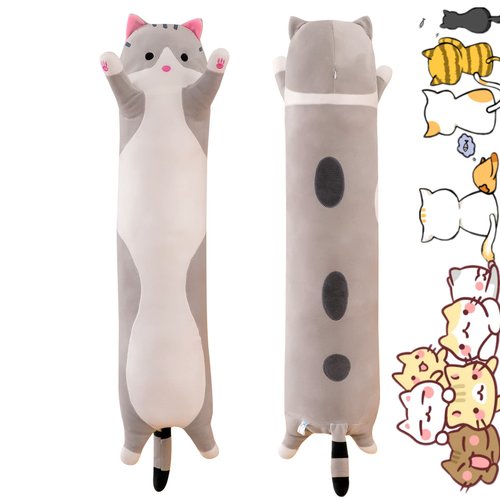 Rexinc Long Gray Cat Plush Pillow Toy Sleeping Pillow Cute Cartoon Cat Stuffed Animals Soft Long Body Pillow Gift for Kids(19.68in)