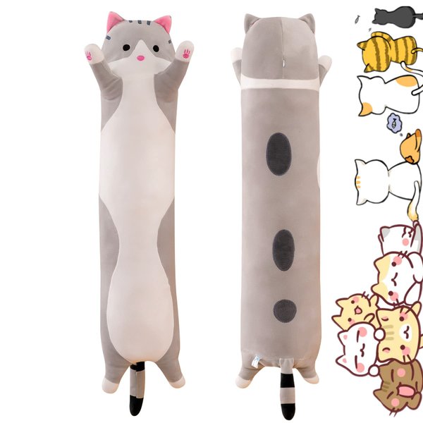 Rexinc Long Gray Cat Plush Pillow Toy Sleeping Pillow Cute Cartoon Cat Stuffed Animals Soft Long Body Pillow Gift for Kids(19.68in)
