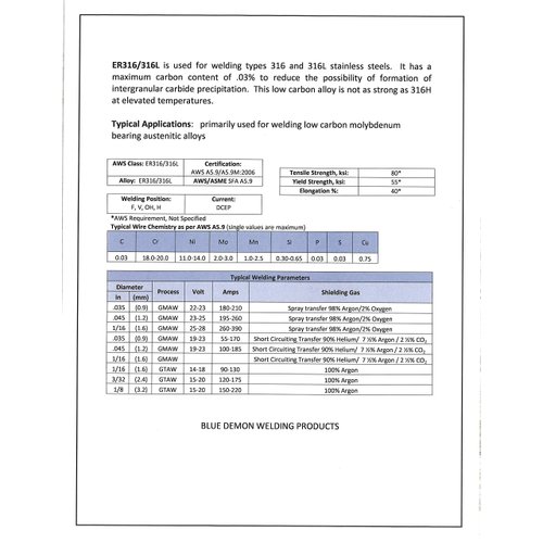 Blue Demon ER316L X .030 X 2LB Spool stainless steel welding wire