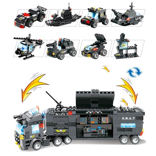 8 in 1 City Police Station Building Kit, SWAT Mobile Command Center Truck Building Toy with Police Car, Helicopter, Patrol Boat, Best Learning and Roleplay Swat Toy Gift for Boys and Girls-647 Pieces