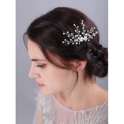 JWICOS Bride Pearl Wedding Hair Comb Bridal Side Comb Hair Clips Headpiece Wedding Hair Accessories for Women and Girls (Silver)