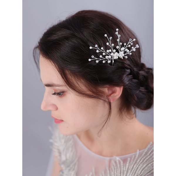 JWICOS Bride Pearl Wedding Hair Comb Bridal Side Comb Hair Clips Headpiece Wedding Hair Accessories for Women and Girls (Silver)