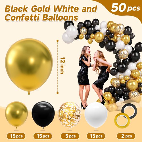 Gold and Black Balloons, 50 PCS 12 Inch Gold Confetti Latex Balloon for Girls Birthday Graduation Anniversary Wedding Party Decorations