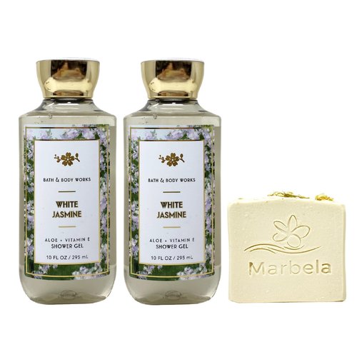 Bath & Body Works White Jasmine 2 Piece Aloe + Vitamin E Shower Gel Value Pack with a Wild Jasmine Bar Soap - Full Size