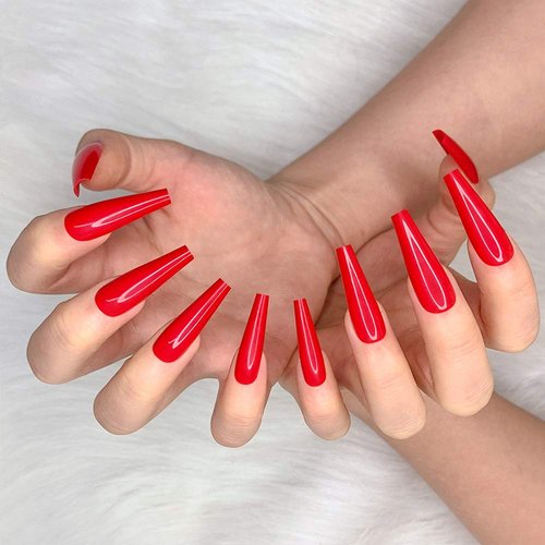 Artquee 24pcs Red Pure Color Ballerina Long Coffin Glossy Fake Nails Press on Nail False Tips Manicure for Women
