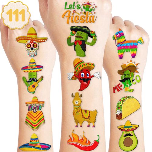 111 PCS Mexican Fiesta Temporary Tattoos Stickers Theme Birthday Party Decorations Supplies Favors Decor Taco Mexico Cinco De Mayo Pinata Tattoo Sticker Gifts For Boys Girls School Prizes Carnival