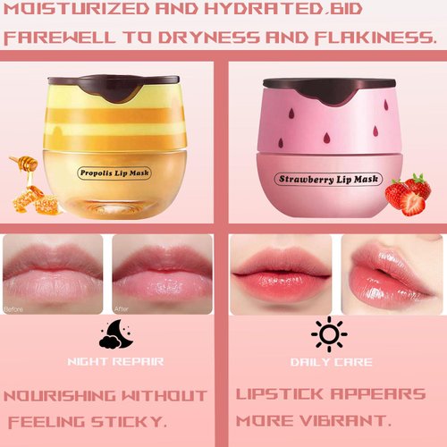 TIRDET 4 PCS Bee Lip Balm Honey Pot, Honey Strawberry Watermelon Apple Bee Lip Balm Sleeping Lip Mask Overnight with Sticks, Honey Pot Lip Balm Exfoliating Prevention Dry and Crack Lip Scrubs