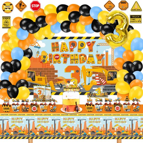 Construction Birthday Party Supplies for 3, 136 Pcs Dump Truck Party Decorations for Boys Baby,Backdrop, Banner, Cake, and Cupcake Toppers, Balloons, Party Traffic Signs, Tablecloth