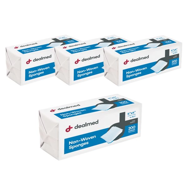 Dealmed 4" x 4" Non-Woven Gauze Sponges, 4-Ply All-Purpose Non-Sterile Gauze Pads, Absorbent Dental Gauze Wound Care for First Aid Kit/Medical Facilities, 200 Count (Pack of 4)