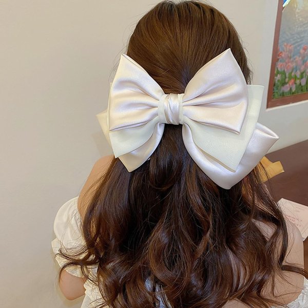 Wiwpar Big Satin Bow Barrette Hair Clips Satin Solid Bow Hair Clips Bow Hair Pins Accessories for Party Wedding French Barrette Hair Clip for Women Girls Brides (White)