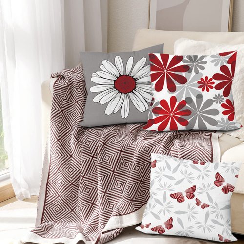 COMMINY Red Grey Pillow Covers 18x18 Set of 6 Decorative Burgundy Daisy Throw Pillow Cover for Couch Modern Farmhouse Cushion Pillow Case for Living Room Outdoor Patio Home Decor