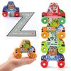 BEKILOLE Toddler Toys for 1 2 3 4 5 6 Year Old Boy and Girl Gifts Wooden Race 4 Wooden Cars with Alphabet Tracing Flash Cards,Set A (4 Cars + Alphabet Flashcards)