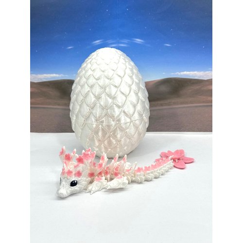 3D Printed Baby Dragon with Dragon Egg, 6" Articulated White and Pink Cherry Blossom Baby Dragon, Home Decor Executive Desk Toys,Fidget Toys for Autism/ADHD BD004-WHT