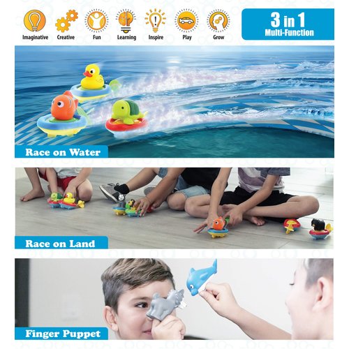 Dollibu Boat Racer Buddy, Fun Educational Bath Toy Finger Puppet Pull and Go Water Racing Sea Life Pal for Shower Pool Bathtub Swim Hard Surfaces - Baby Toddler and Boy - 6 Inch - 3 in 1 Game - Fish