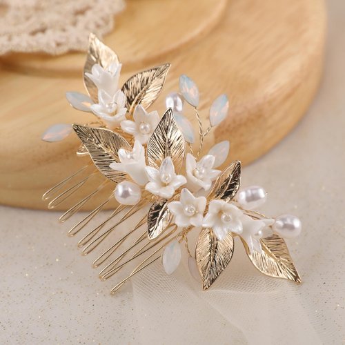 Handmade Ceramic Flower Wedding Hair Accessories for Women Rhinestone Pearl Gold Alloy Leaf Wedding Hair Comb Bridal Jewelry Trendy Wedding Headpiece for Bride