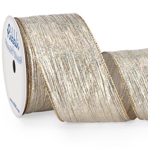 Ribbli Champagne Gold Crinkled Wired Ribbon with Metallic Gold Edge, Iridescent Champagne Christmas Ribbon for Garland, Wreaths,Topper Bow,Swags, Christmas Tree Decoration 2-1/2 Inch x 10 Yard