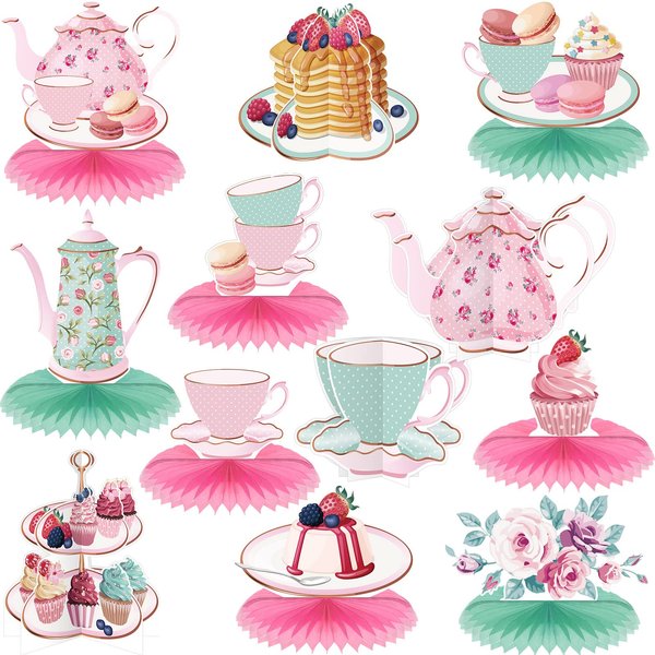 12 Pieces Tea Party Centerpieces Decorations Princess Party Floral Teapot Honeycomb Decorations Tea Party Supplies for Birthday Baby Shower Wedding Anniversaries Favors