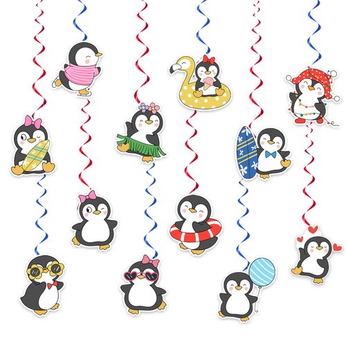 24 Pieces Penguin Hanging Swirls Penguin Streamers Penguin Hanging Decorations Ceiling Swirls for...