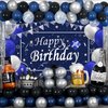 Blue Happy Birthday Decorations for Men Boys, 89PCS Blue Black Birthday Decorations Kit with Backdrop Banner Foil Balloons Fringe Curtains for 18th 21st 25th 30th 35th 40th 50th 60th Party Supplies