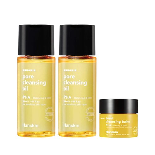 Hanskin PHA Pore Cleansing Oil and PHA Cleansing Balm, Sample Trial Size, Travel Size Mini Makeup Remover Set, Gentle Blackhead Cleanser for Sensitive Skin [30 ml/Pack of 2] + [8g/PHA Balm]