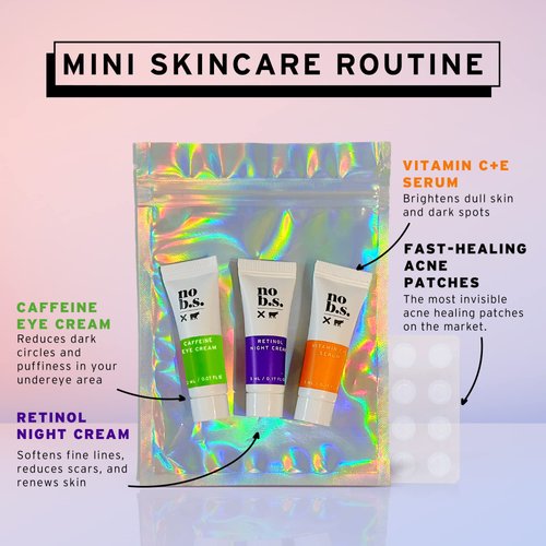 No B.S. (No Bad Stuff) Skincare Minis Kit, Vitamin C & E Serum with Hyaluronic Acid, Retinol Night Cream, Caffeine Eye Cream, Waterproof Acne Patches, 4 Product Trial Size Skin Care, Gluten Free