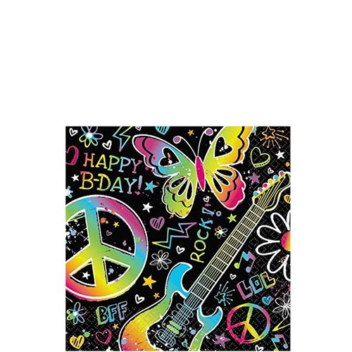 Amscan Groovy Neon Doodle Birthday Party Beverage Napkins Tableware (16 Pack), 5" x 5", Multicolor