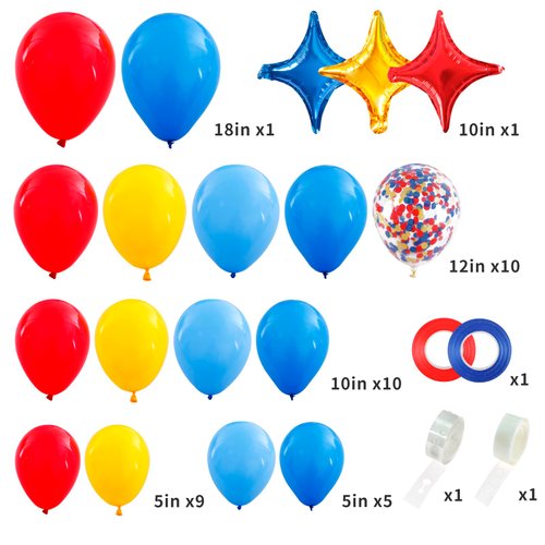 RUBFAC Carnival Circus Balloon Garland Arch Kit, 120pcs Red Blue Yellow Primary Color Balloons Rainbow Multicolor Confetti and Star Foil Balloons for Birthday Party Carnival Theme Decorations