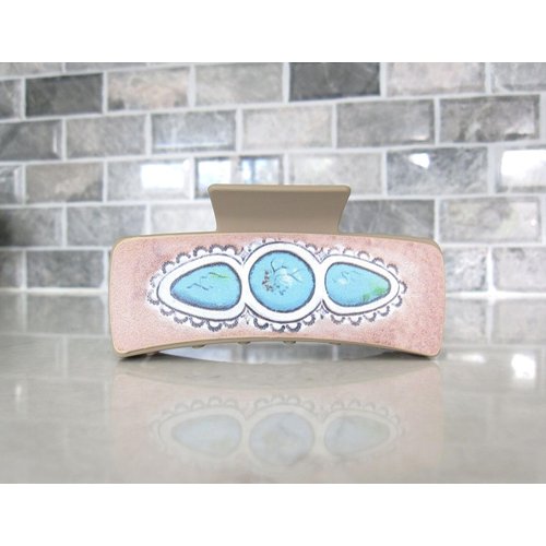 Generic Long lite tan faux leather effect turquoise blue native tribal hair claw clip