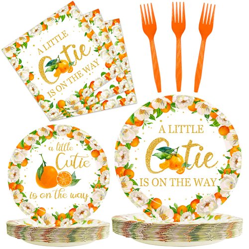 Kepeel 96 Pcs Little Cutie Baby Shower Party Plates and Napkins Set, A Little Cutie is on The Way Party Supplies Decorations Orange Citrus Tangerine Fruit Birthday Party Tableware Kit, Serves 24