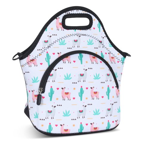 Violet Mist Neoprene Lunch Bags with Shoulder Strap Lunch Totes for Women Insulated Lunch Handbag Thermal Lunch Box Reusable Gourmet Bento Bag Pocket Zipper for Work Picnic Travel, Cactus Alpaca 2