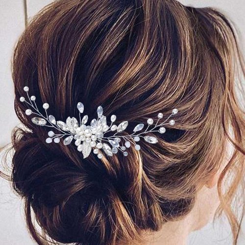 Latious Bride Wedding Pearl Hair Comb Crystal Bridal Hair Pieces Silver Leaf Hair Accessories for Women and Brides