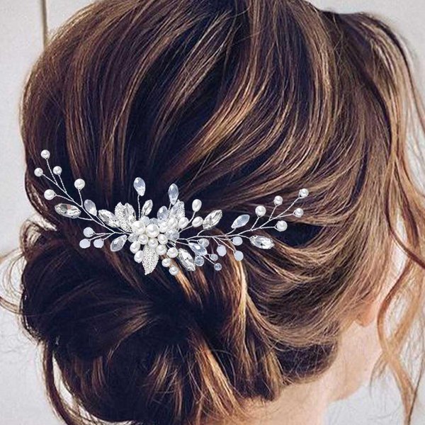 Latious Bride Wedding Pearl Hair Comb Crystal Bridal Hair Pieces Silver Leaf Hair Accessories for Women and Brides