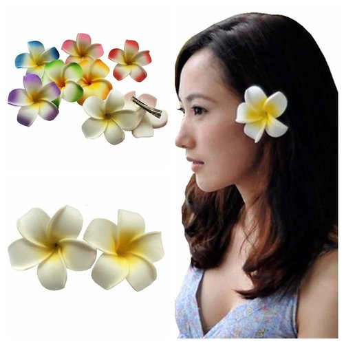 2 PCS 7cm Hawaiian Frangipani Plumeria Foam Head Flower Party Beach Hair Clip Hair Accessories (White+Blue)