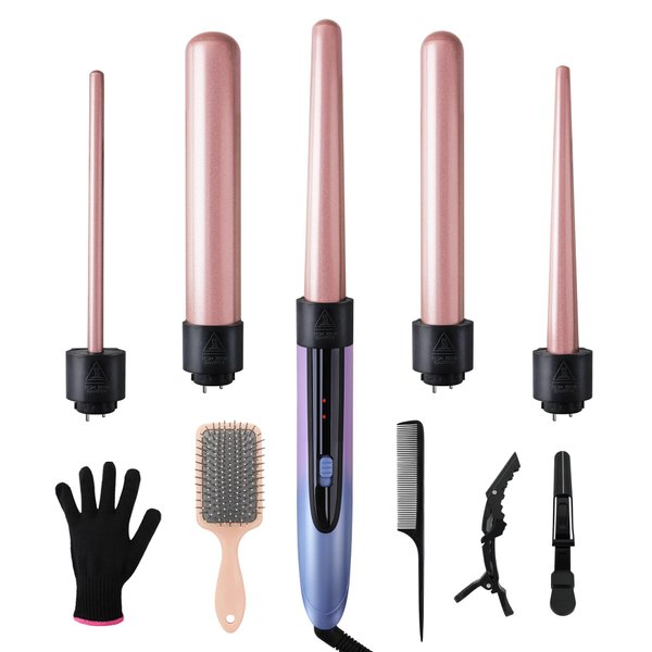 Curling Iron Hair Curler with 5 Interchangeable Barrel Curlings Wand Set with Hair Brush Styling Tool Women Gift for Wife Wavy Curl Salon Ceramic Tourmaline barra de cera para (Multicolored V2731)