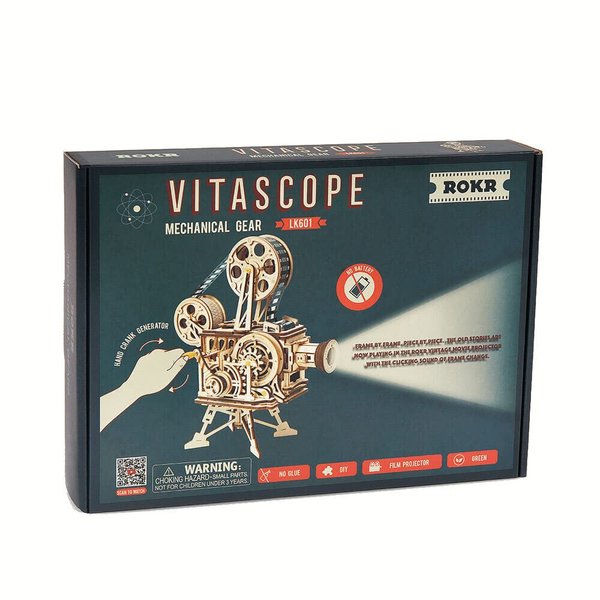 Robotime Vitascope Mechanical Wood Kit | Assemble a Wooden Vintage Movie Projector | Includes 183 Pieces to Create a Working Reel | Turn Hand Crank to Project Black and White Film