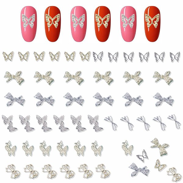 48Pcs 3D Metal Butterfly Bows Nail Charms Silver Golden Bows Bowknots Butterfly Nail Art Alloy Luxury Charms for Nail Art Jewelry Making Crafts DIY Manicure Accessories