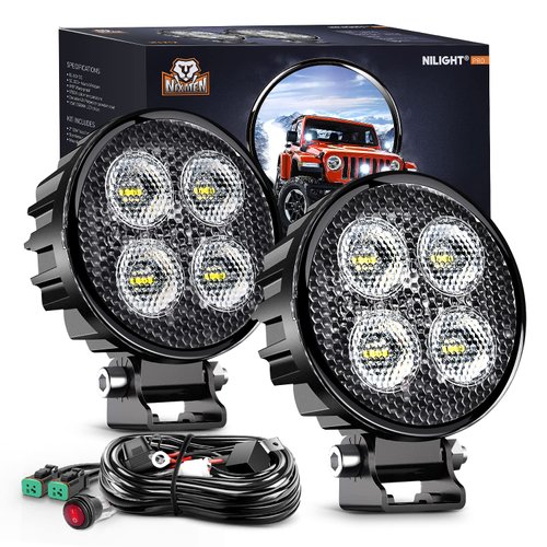 Nilight 2PCS 3Inch Led Pods Round 1500LM Built-in EMC Work Light 90° Flood Beam Angle for Offroad Lights Side Light w/ 16AWG DT Wiring Kit for Tractor Truck Boat ATV UTV