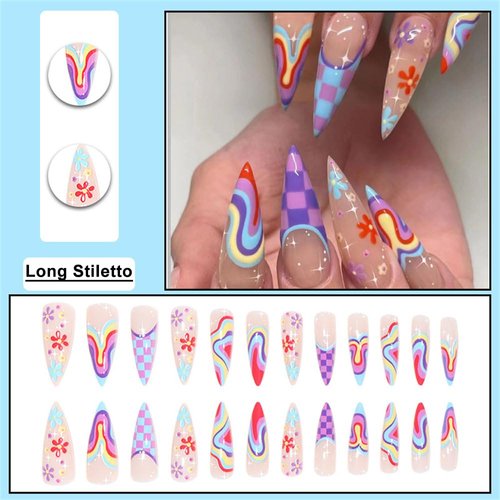 BAOYAALIN Press on Nails Stiletto Fake Nails Long Almond with Exquisite Flower Rainbow Design Acrylic Glue on Nails for Women Girls Full Cover Artificial False Stick on Nail for Daily/Wedding 24Pcs