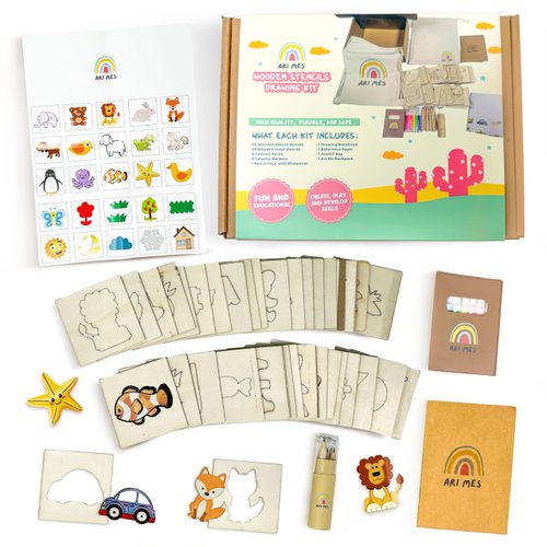 ARI MES - Wooden Stencils Drawing Kit for Kids, 50-Piece Art Stencils with Animal and Shape Stencils, Drawing Stencils, Complete Stencil Art Kit with Notebook, Markers & Bag, Stencils for Crafts