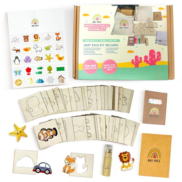 ARI MES - Wooden Stencils Drawing Kit for Kids, 50-Piece Art Stencils with Animal and Shape Stencils, Drawing Stencils, Complete Stencil Art Kit with Notebook, Markers & Bag, Stencils for Crafts