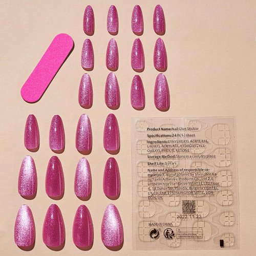 Cat Eye Press on Nails Medium Almond SWEKKE Fake Nails Pink Full Cover Solid Color Glue on Nails Flash Pink Glossy False Nails with Nail Glue Acrylic Manicure Artificial Nails for Women Girls 24Pcs