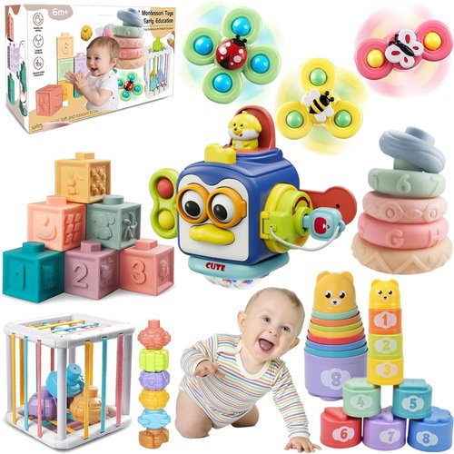 ELLECK Baby Toys 6-12 Months, Montessori Toys for Toddlers 1-3 Year Old, Busy Cube Teether Infants Bath Toys 6 in 1 Stacking Blocks Rings, Suction Cup Spinner Toy, Shape Bin Sensory Toys. (0035)