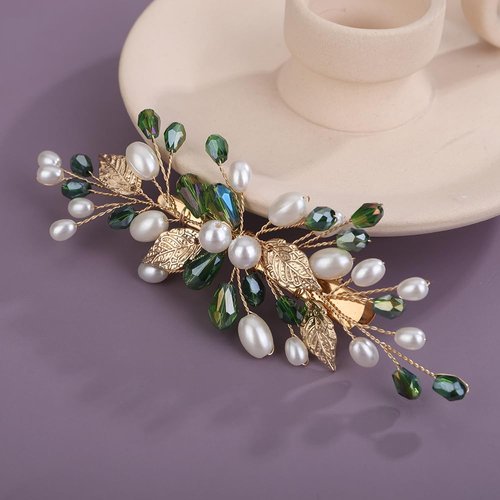 Teyglen Bride Green Rhinestone Wedding Hair Clip Bridal Pearl Crystal Hair Barrette Gold Leaf Headpiece Decorative Hair Accessories for Women (Green)