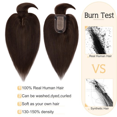 SEGO Hair Toppers for Women Real Human Hair With Bangs 7 * 13CM Silk Base 100% Remy Human Hair Clip in Top Wiglet Hair Pieces for Thinning Hair /12 Inch Dark Brown