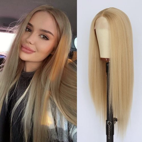 Oxeely Ash Blonde Lace Front Wigs Long Straight Wigs Ash Blonde Color Synthetic Lace Front Wigs Glueless Heat Resistant Synthetic Fiber Hair Wigs Natural Hairline Blonde Wigs for Black Women 28 Inch