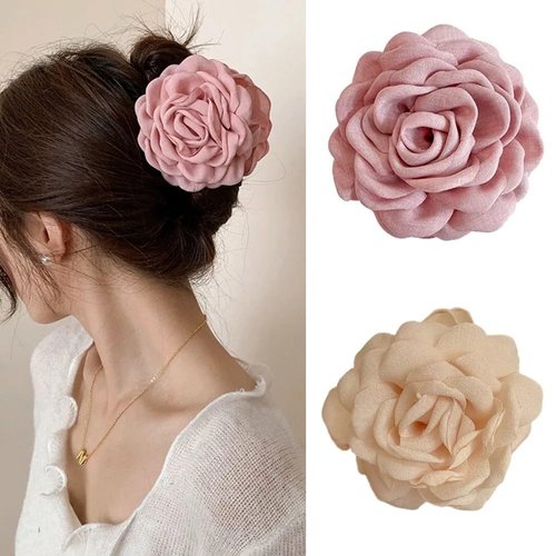 Maluanlrye 2PCS Flower Women's Hair Claws Clip,Fashion Headwear Elegant Lady Fabric Rose Flower Hair Claw Hairpin Women Girls Accessories (Beige&Pink)