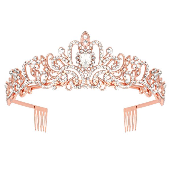 Araluky Crystal Tiara Crown Headband Princess Elegant Tiara with Combs for Women Young Ladies Bridal Wedding Prom Birthday Party, Rose Gold