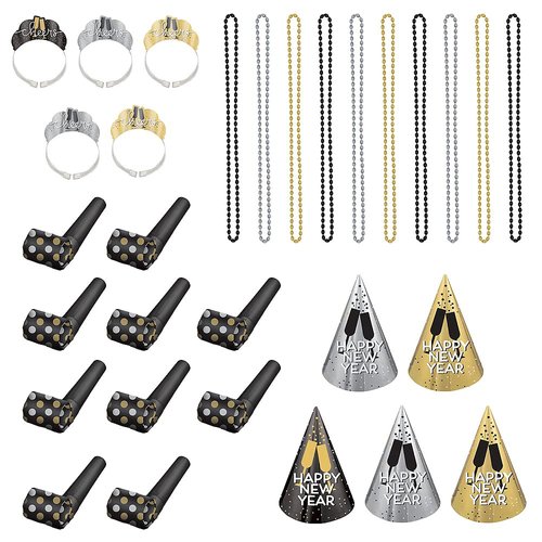 Amscan Party City New Year’s Eve 2025 Wearables and Noisemakers for 10 Guests, Party Supplies, Black, Gold and Silver, 30 Piece