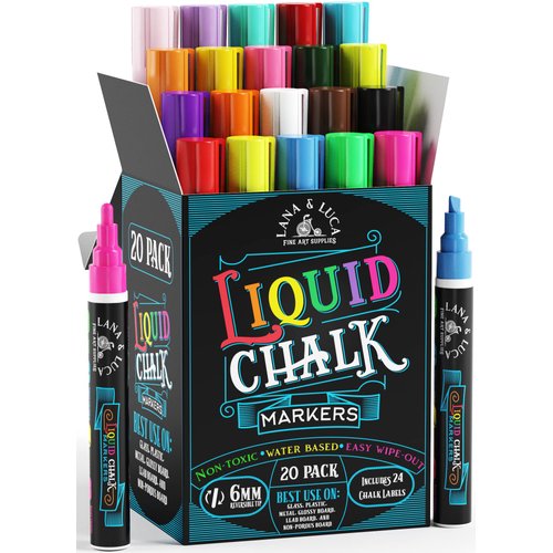 Liquid Chalk Markers for Blackboards - Bold Color Dry Erase Marker Pens - Chalk Marker for Chalkboards Signs, Blackboard, Glass- 6mm Reversible Tip (20 Pack) - 24 Chalk Labels Included
